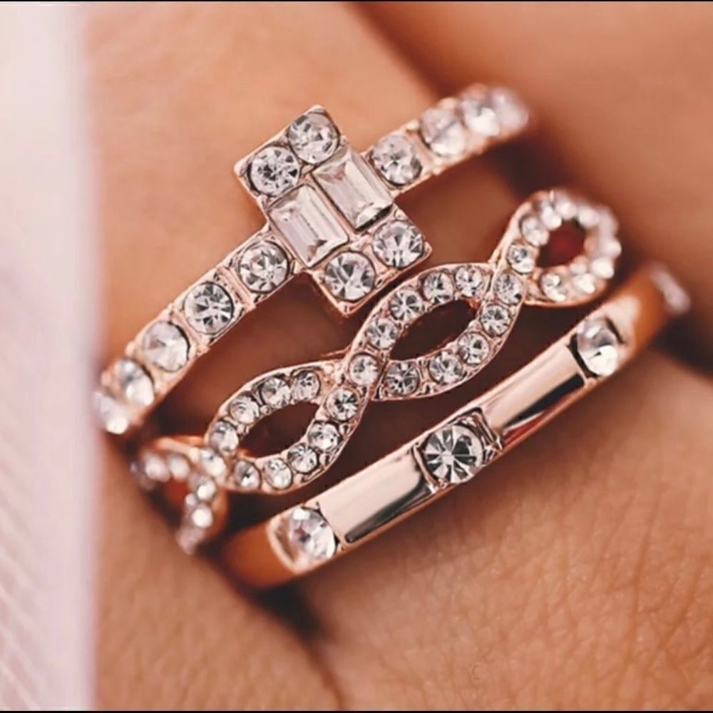 3pc ROSE GOLD PLATED Stackable Crystal Ring Set